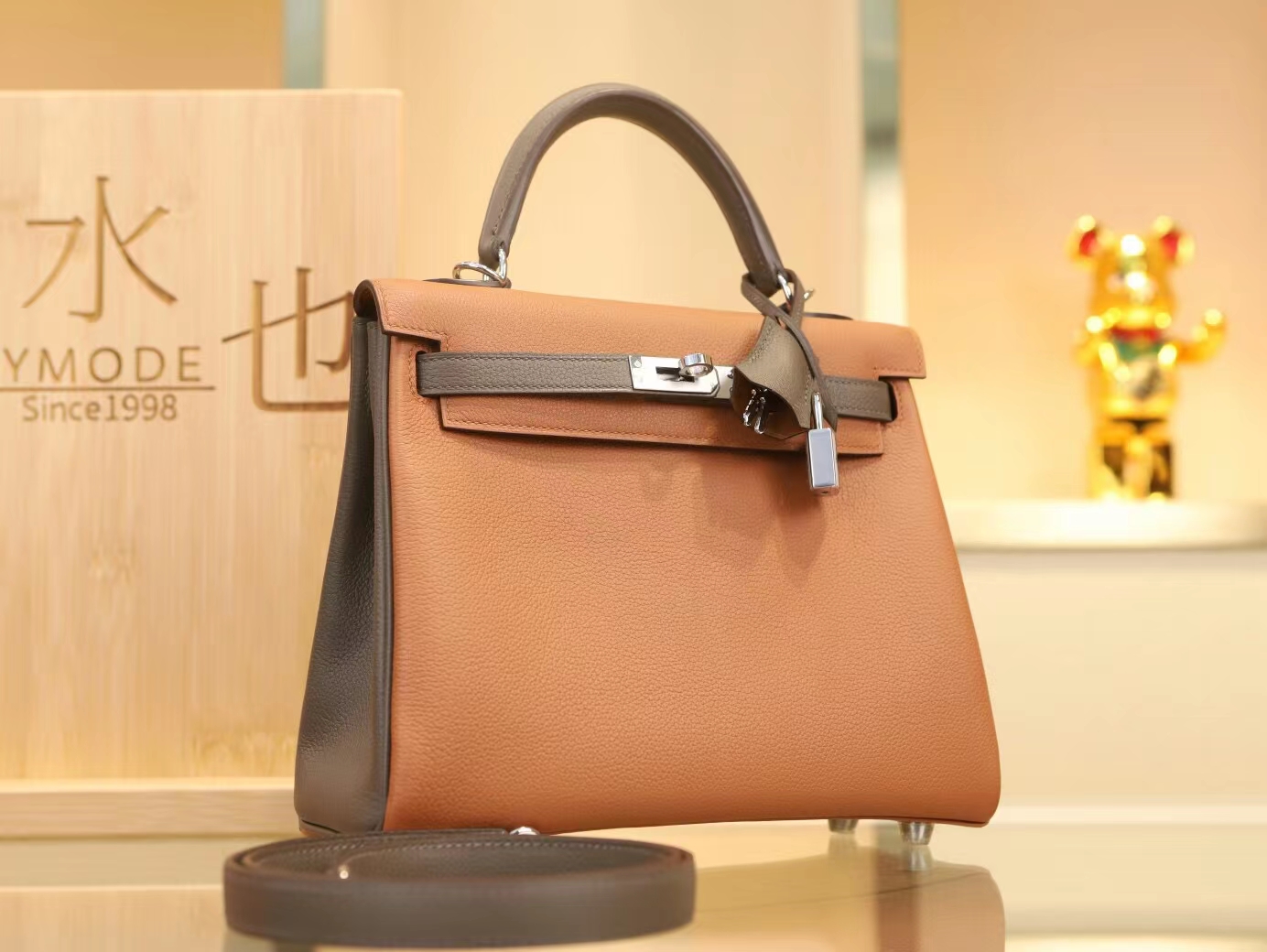 Hermes Kelly25CM 爱马仕金棕色拼8F锡器灰Evercolor皮拼色凯莉包