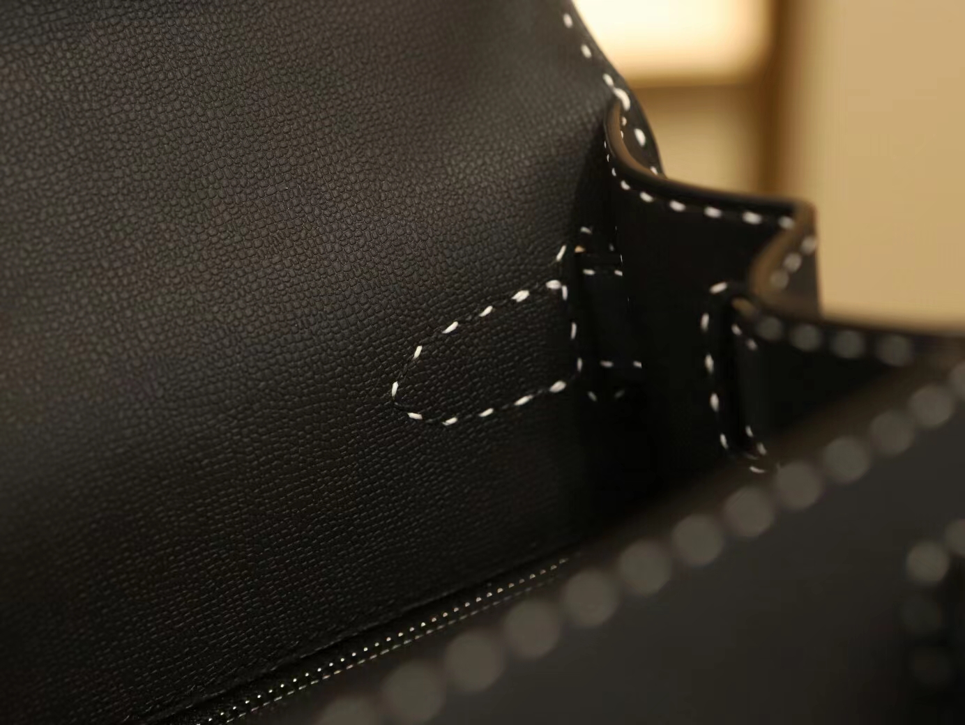 爱马仕89黑色Hermes Kelly28CM Graine Monsieur皮黑白间隔线凯莉包