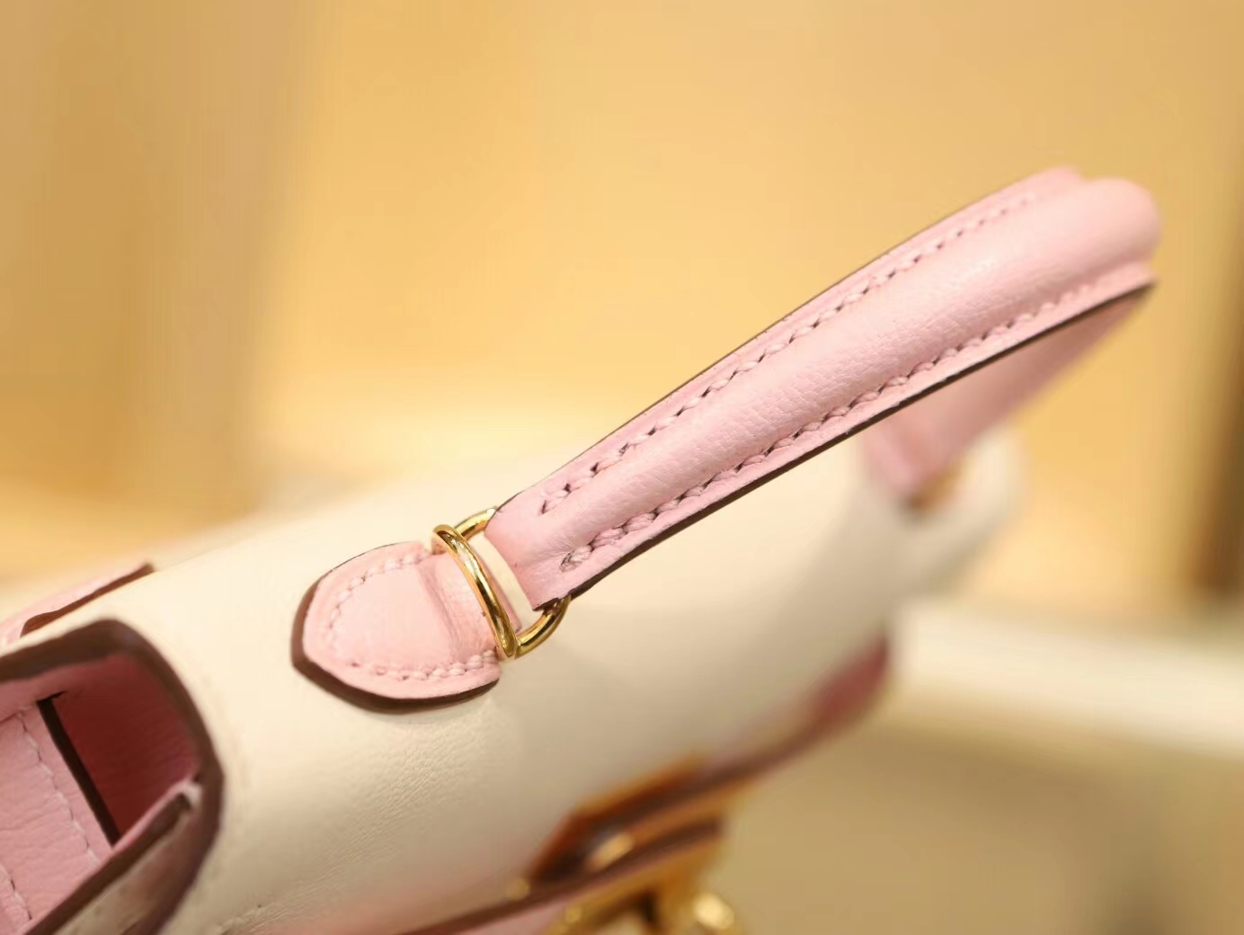 Hermes Mini Kelly 2代 爱马仕I2奶油白拼3Q水粉色山羊皮拼色二代迷你凯莉包