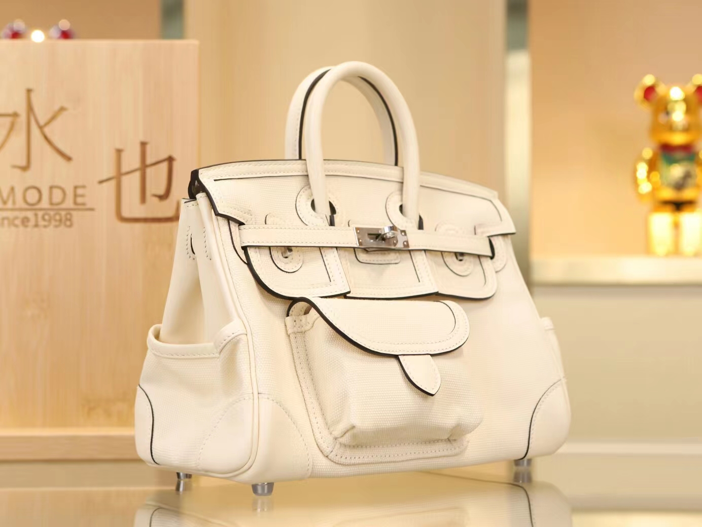 Hermes爱马仕帆布拼皮I2奶油白Nata铂金包Birkin Cargo25CM 银扣