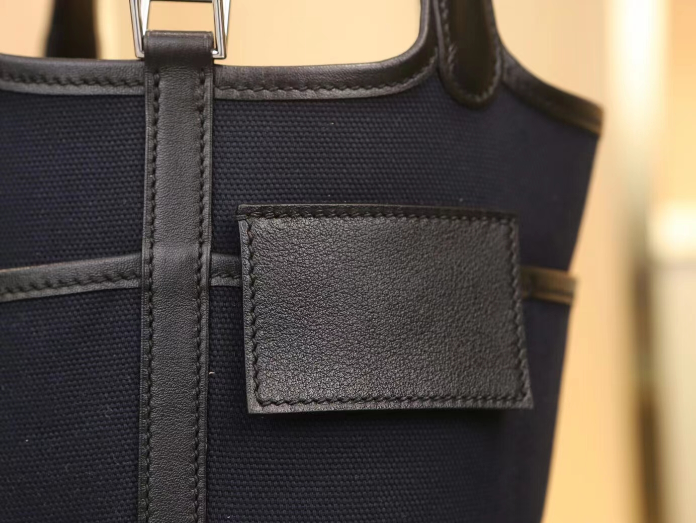 Hermes Picotin Lock Pocket18CM 爱马仕深蓝帆布拼黑色牛皮口袋菜篮子