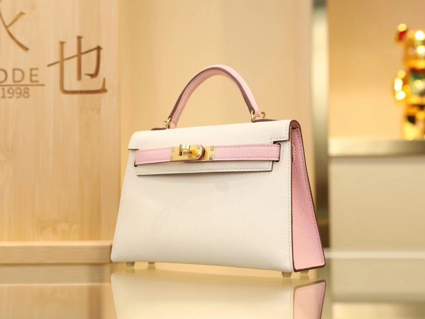 Hermes Mini Kelly 2代 爱马仕I2奶油白拼3Q水粉色山羊皮拼色二代迷你凯莉包