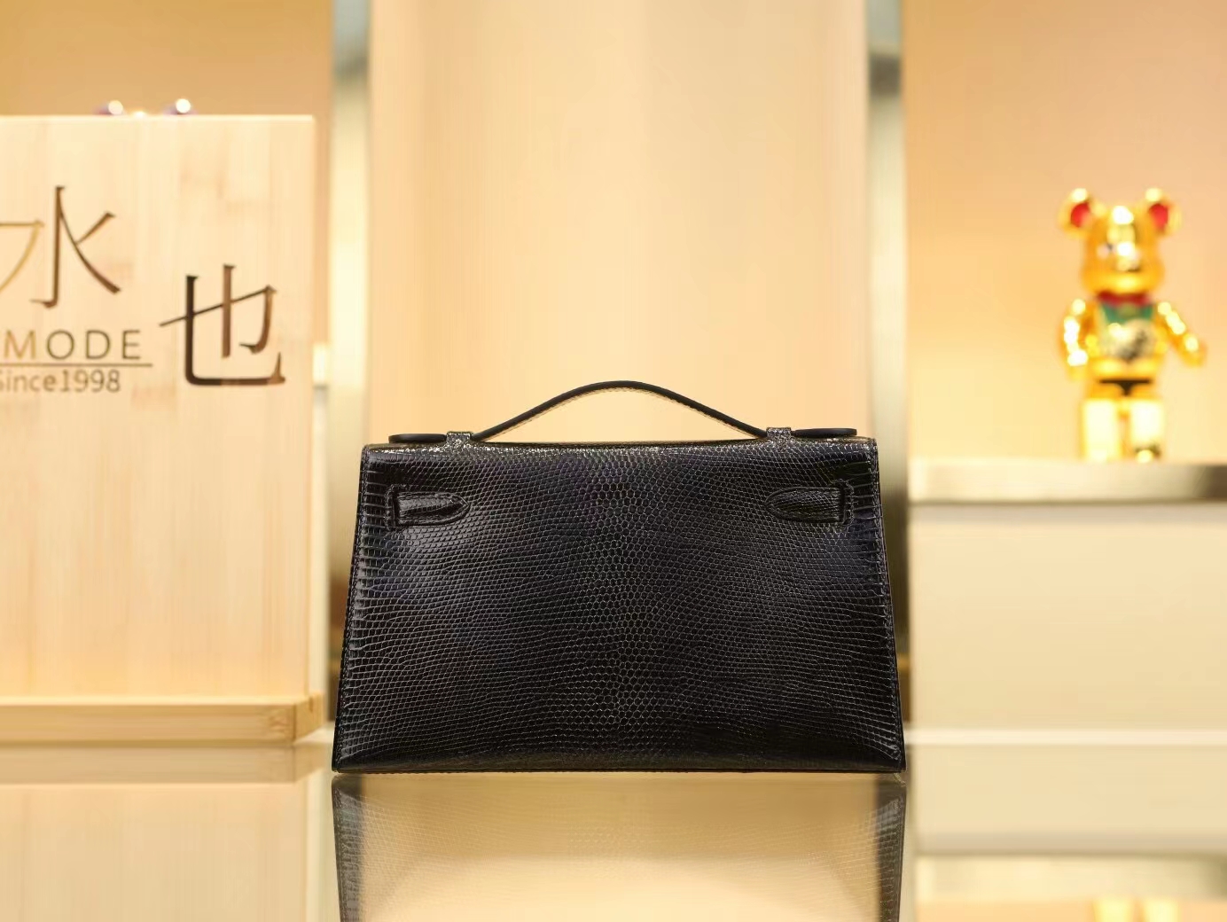 Hermes Mini Kelly Pochette1代 22cm 爱马仕黑色蜥蜴皮迷你凯莉包 银扣