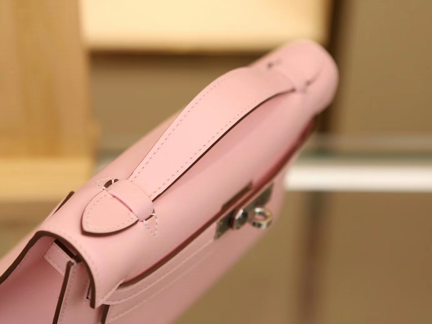 爱马仕迷你凯莉包1代 Hermes 3Q水粉色Swift牛皮Mini Kelly手拿包 银扣