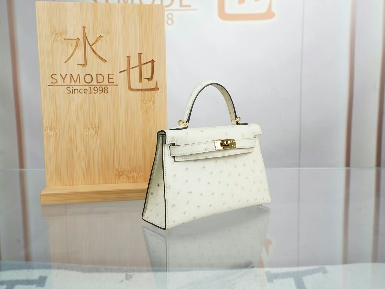 爱马仕迷你凯莉包二代 Hermes Mini Kelly19CM I2奶油白Nata鸵鸟皮 金扣