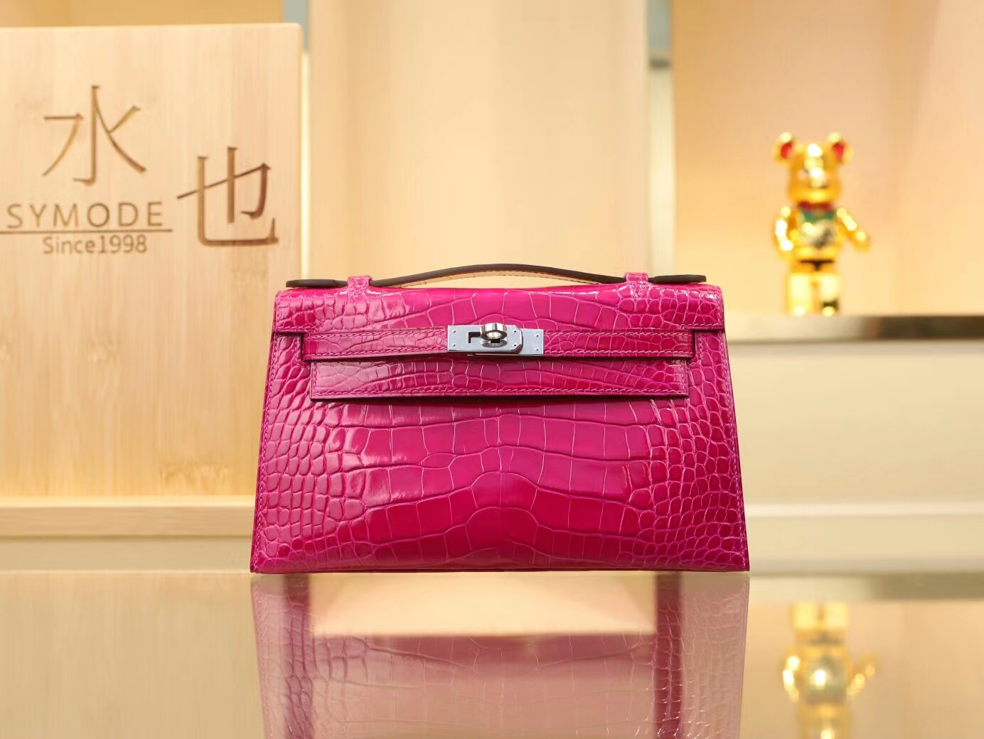 Hermes Mini Kelly Pochette22cm 爱马仕J5天方夜谭粉紫亮面方块鳄鱼迷你凯莉包一代