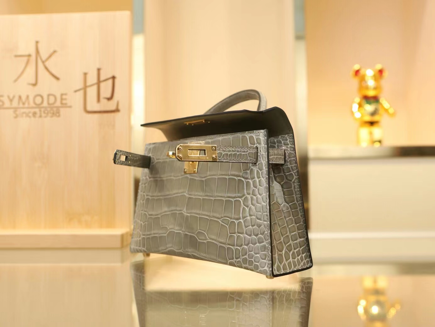 Hermes Mini Kelly19CM 爱马仕CK81斑鸠灰亮面方块鳄鱼皮迷你凯莉包二代 金扣