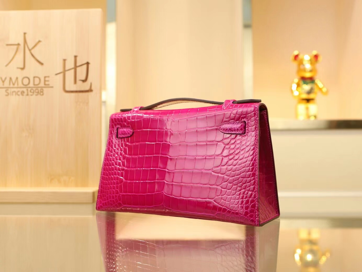 Hermes Mini Kelly Pochette22cm 爱马仕J5天方夜谭粉紫亮面方块鳄鱼迷你凯莉包一代