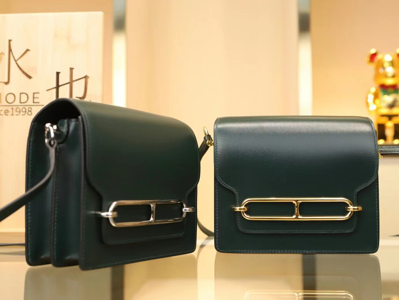 水也名品 Hermes Roulis18CM 爱马仕2Q英国绿Box皮猪鼻子包斜挎包 金扣