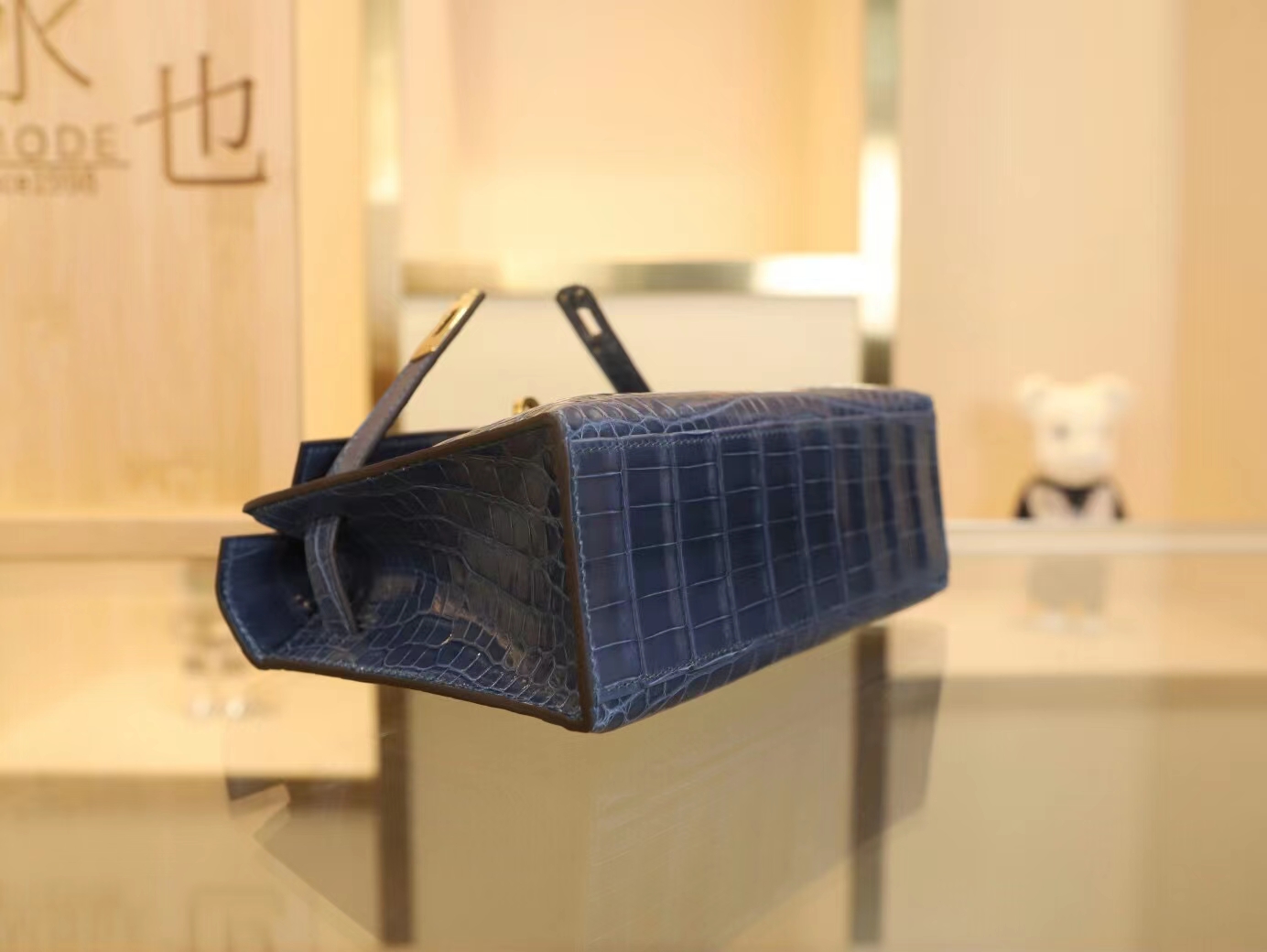 水也名品 爱马仕迷你凯莉包一代 Hermes N7风暴蓝亮面两点鳄鱼皮Mini Kelly Pochette22cm