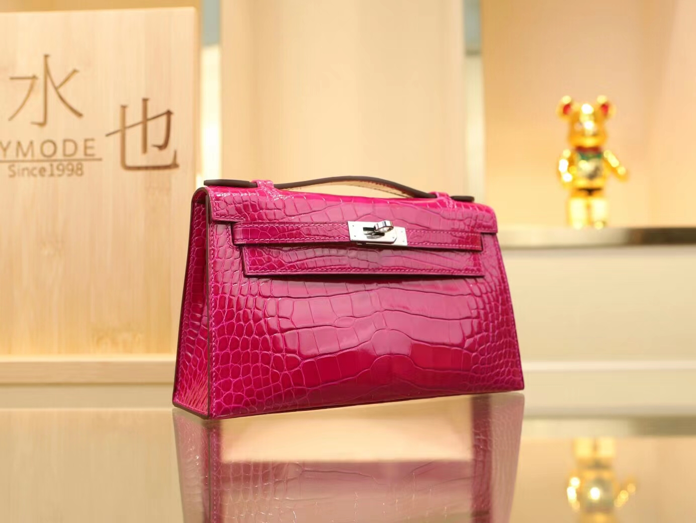 Hermes Mini Kelly Pochette22cm 爱马仕J5天方夜谭粉紫亮面方块鳄鱼迷你凯莉包一代