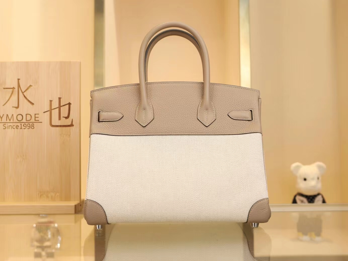 水也名品 Hermes Birkin30CM 爱马仕帆布拼斑鸠灰Togo皮铂金包 银扣
