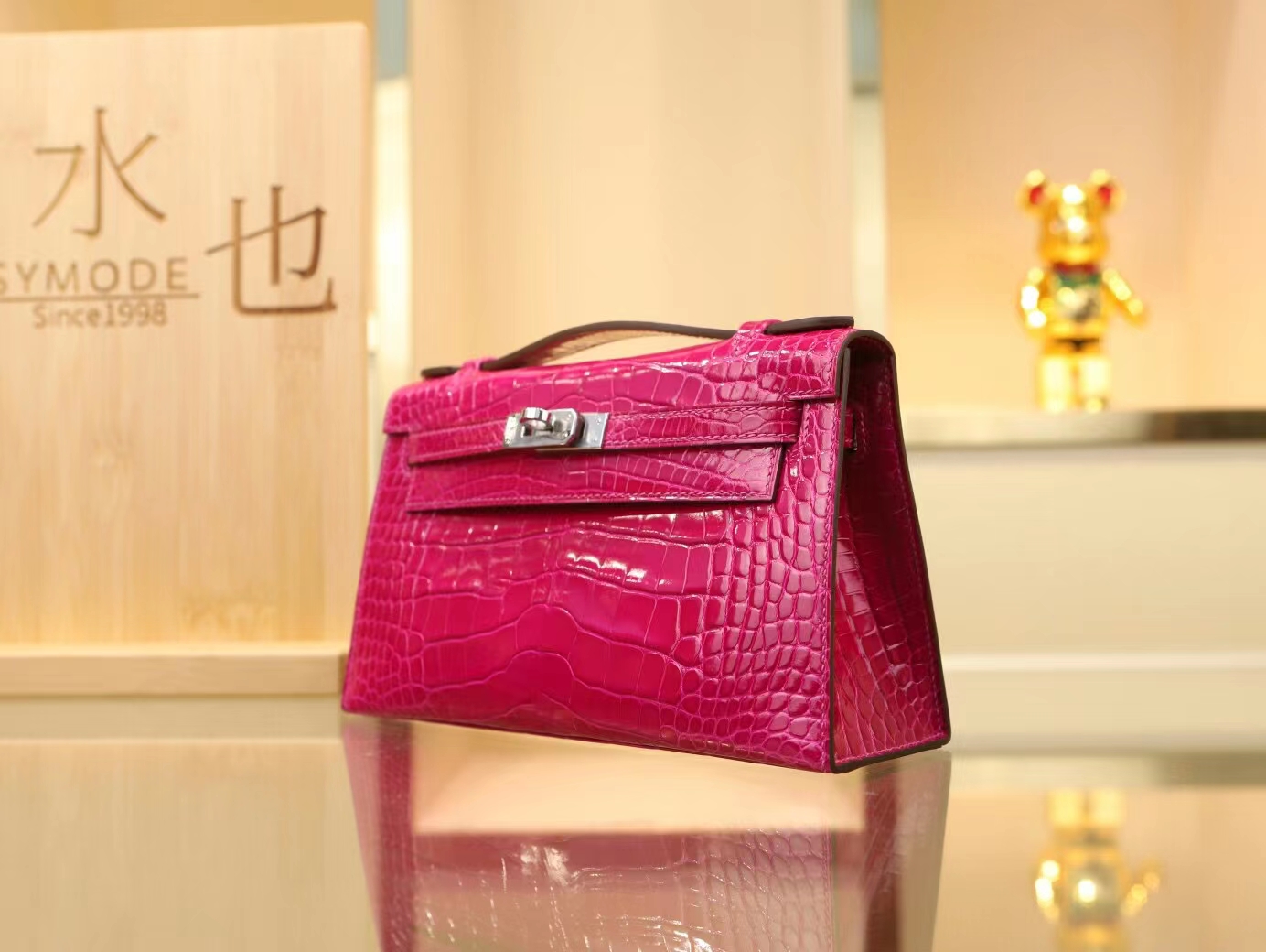 Hermes Mini Kelly Pochette22cm 爱马仕J5天方夜谭粉紫亮面方块鳄鱼迷你凯莉包一代