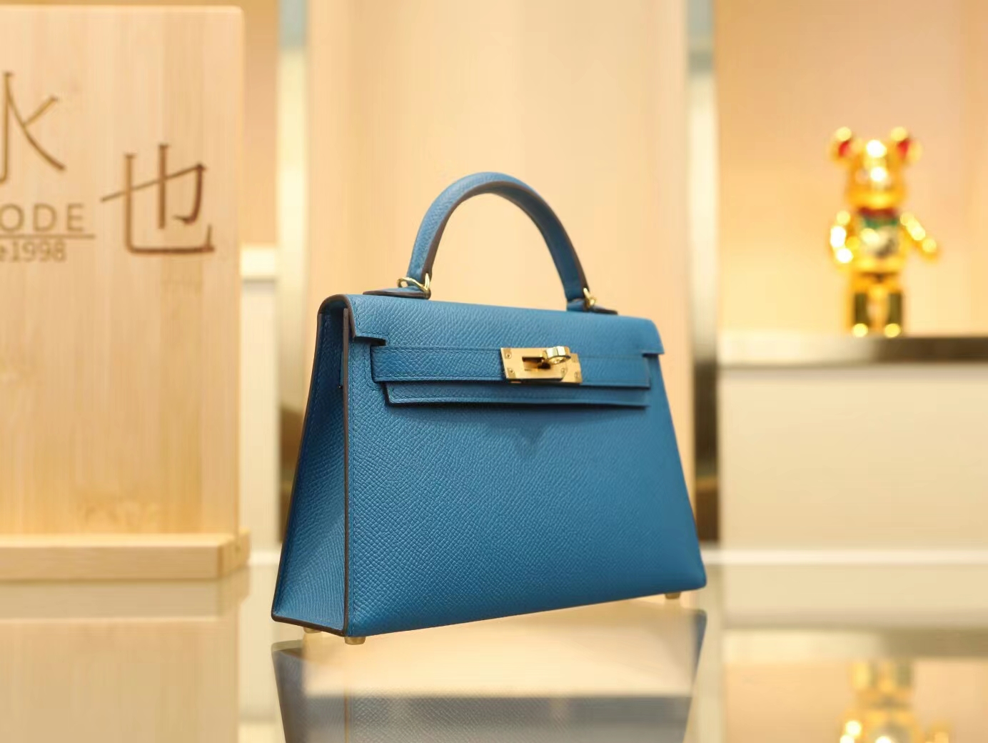 全手缝 Hermes爱马仕7W伊兹密尔蓝Blue izmir Epsom皮迷你凯莉包二代Mini Kelly19CM
