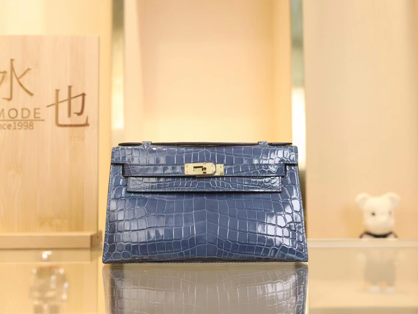 水也名品 爱马仕迷你凯莉包一代 Hermes N7风暴蓝亮面两点鳄鱼皮Mini Kelly Pochette22cm
