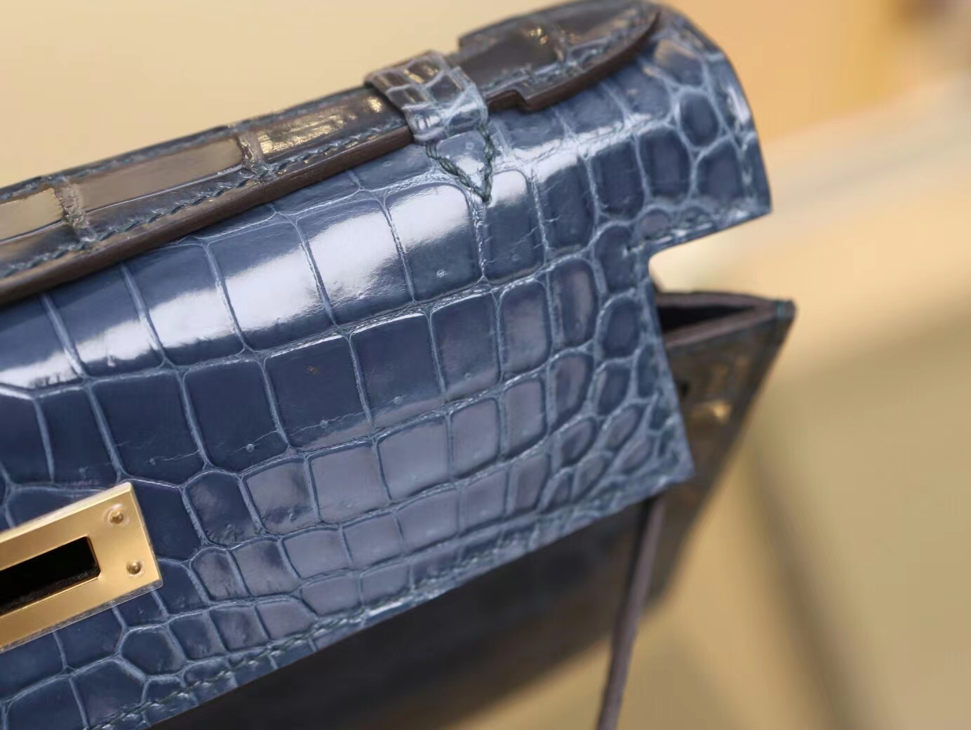 水也名品 爱马仕迷你凯莉包一代 Hermes N7风暴蓝亮面两点鳄鱼皮Mini Kelly Pochette22cm