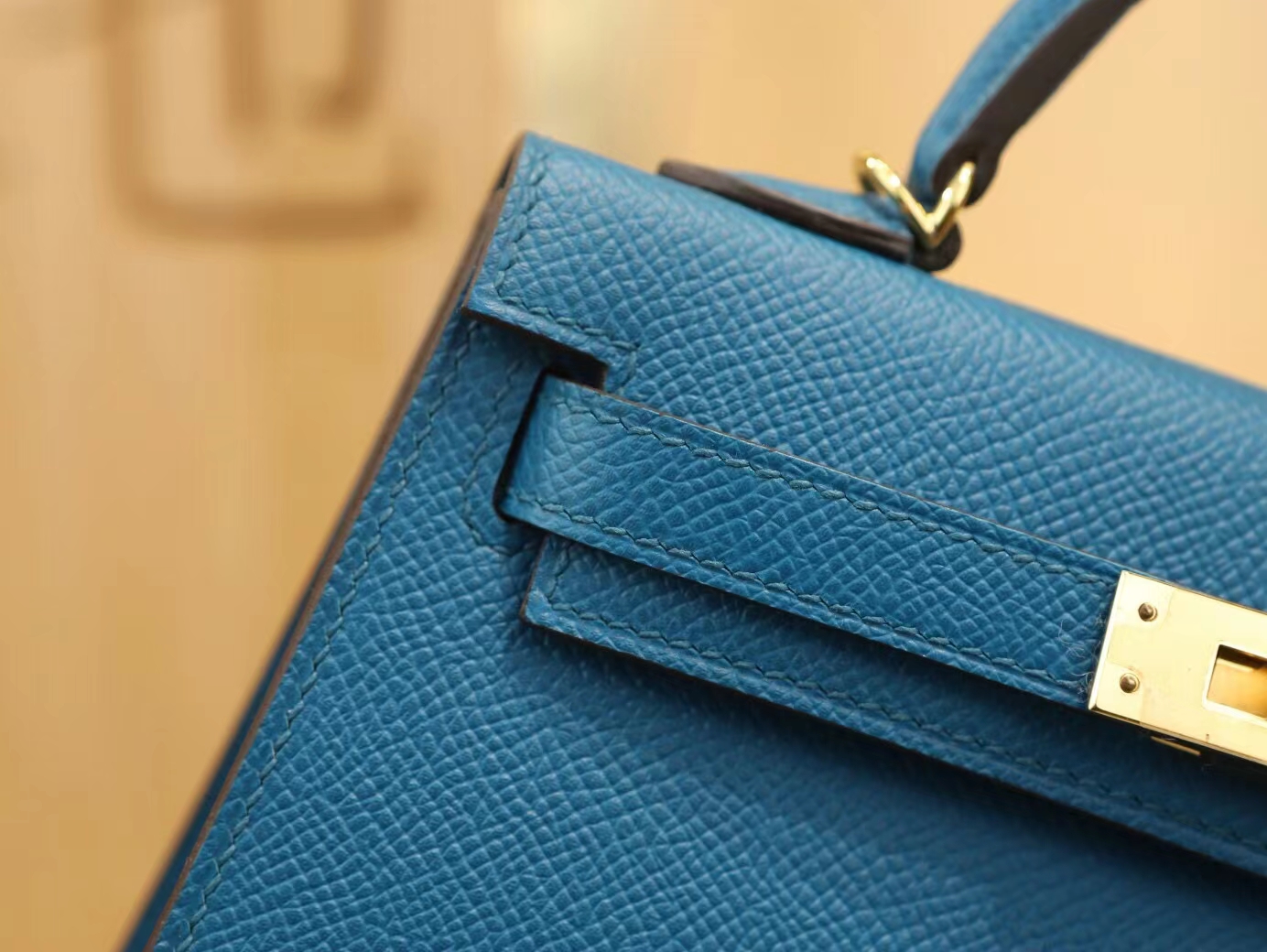 全手缝 Hermes爱马仕7W伊兹密尔蓝Blue izmir Epsom皮迷你凯莉包二代Mini Kelly19CM