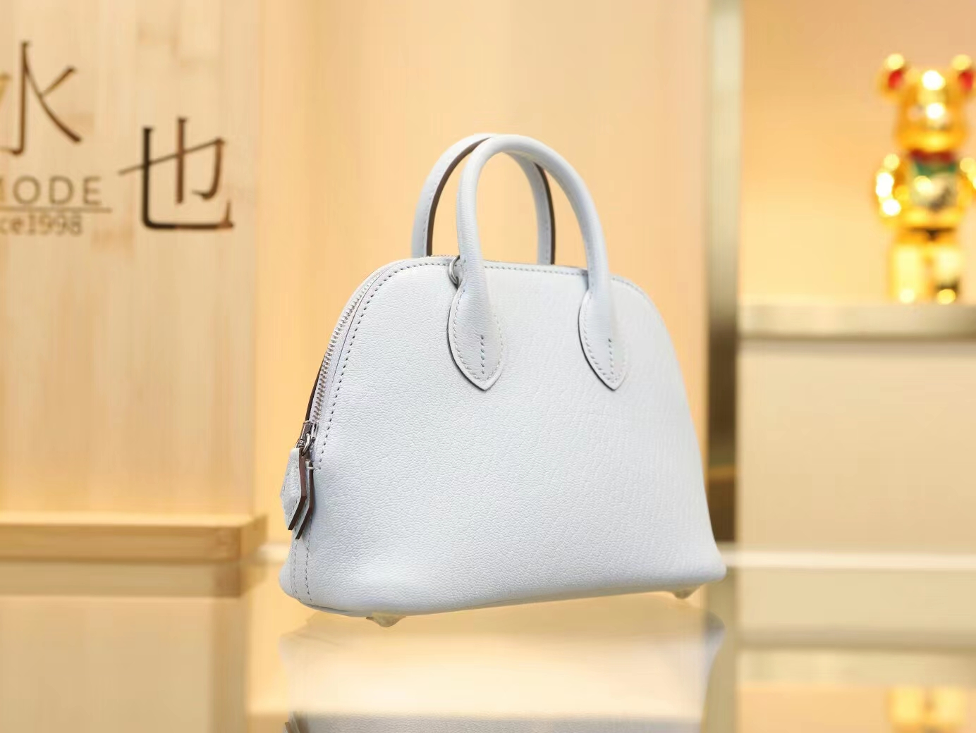 水也名品 Hermes Mini Bolide18CM T0圣杯蓝Blue Brume山羊皮迷你保龄球包