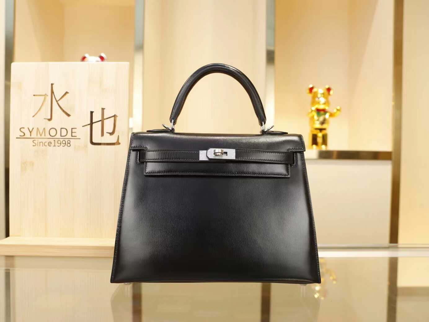 Symode Hermes爱马仕89黑色Noir Box小牛皮凯莉包Kelly女包25CM 银扣