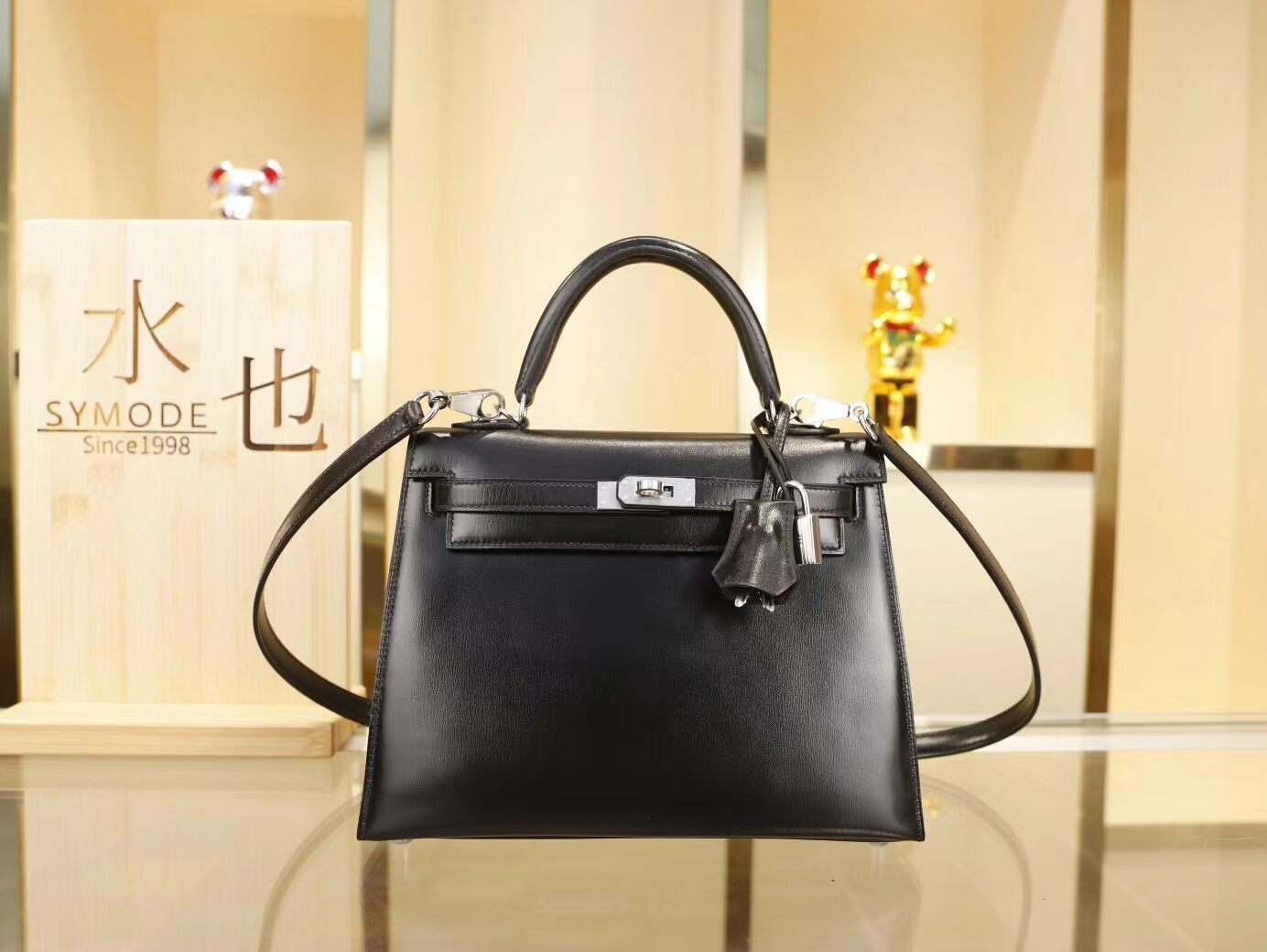 Symode Hermes爱马仕89黑色Noir Box小牛皮凯莉包Kelly女包25CM 银扣