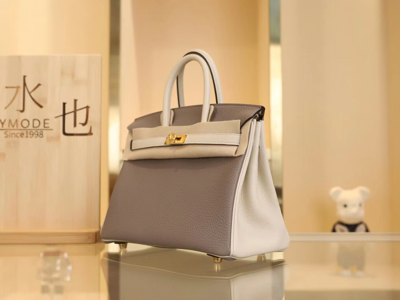 Hermes女包定制  爱马仕M8沥青灰拼奶昔白Togo皮铂金包Birkin25CM 金扣