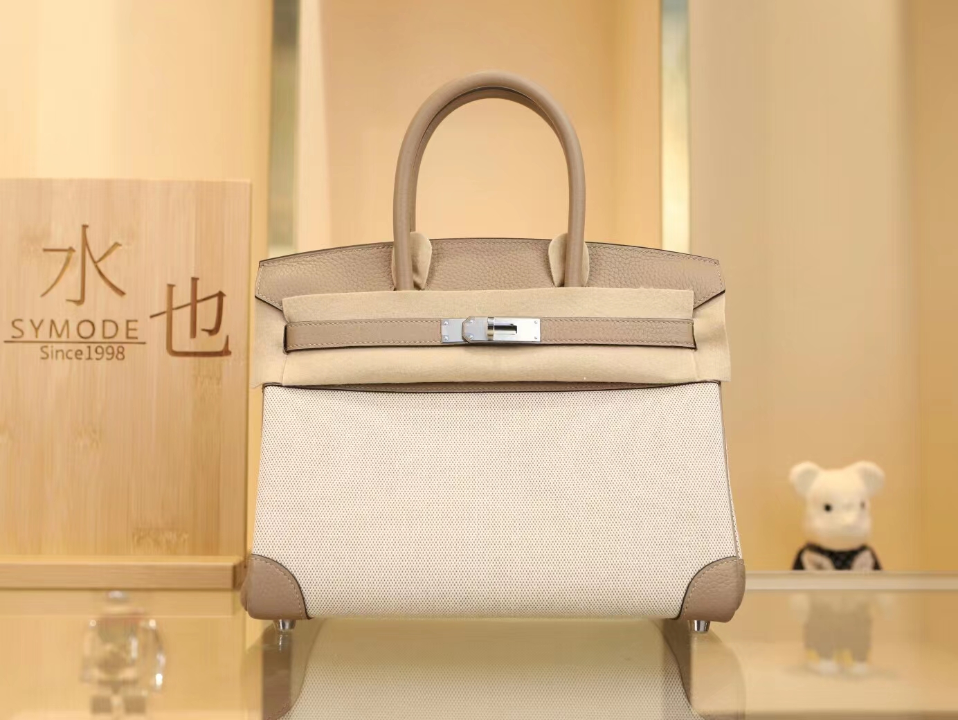 水也名品 Hermes Birkin30CM 爱马仕帆布拼斑鸠灰Togo皮铂金包 银扣