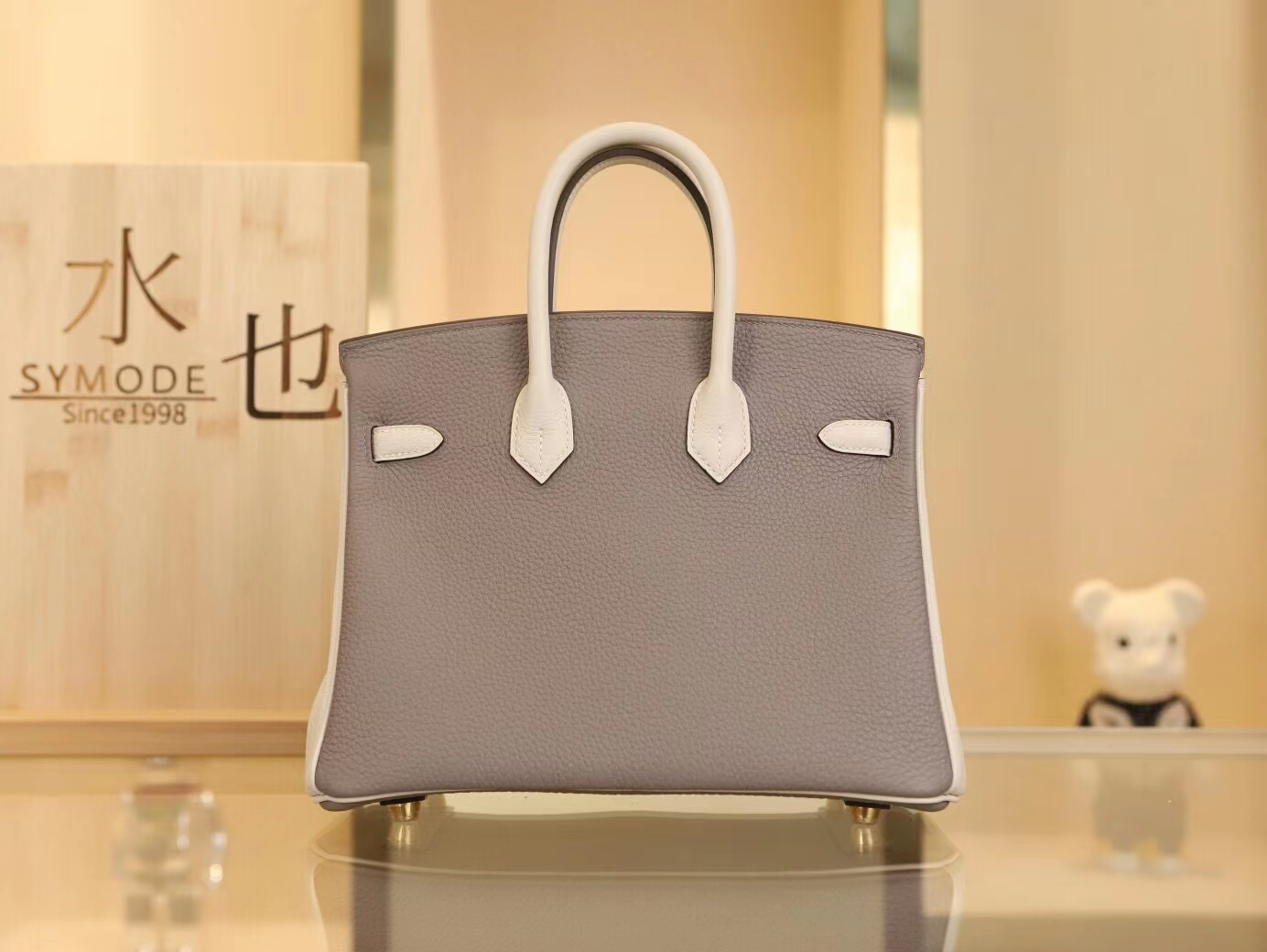 Hermes女包定制  爱马仕M8沥青灰拼奶昔白Togo皮铂金包Birkin25CM 金扣