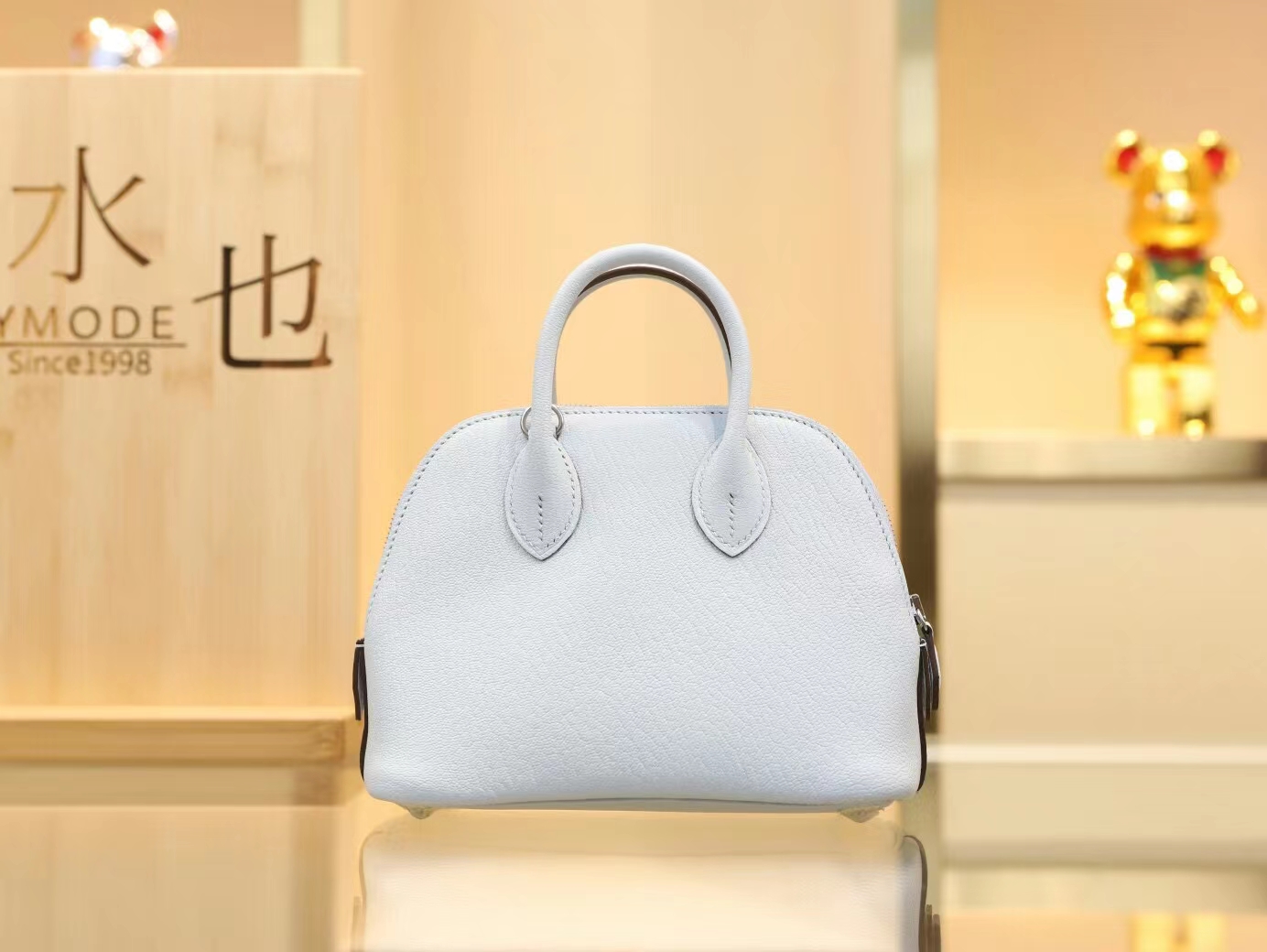 水也名品 Hermes Mini Bolide18CM T0圣杯蓝Blue Brume山羊皮迷你保龄球包