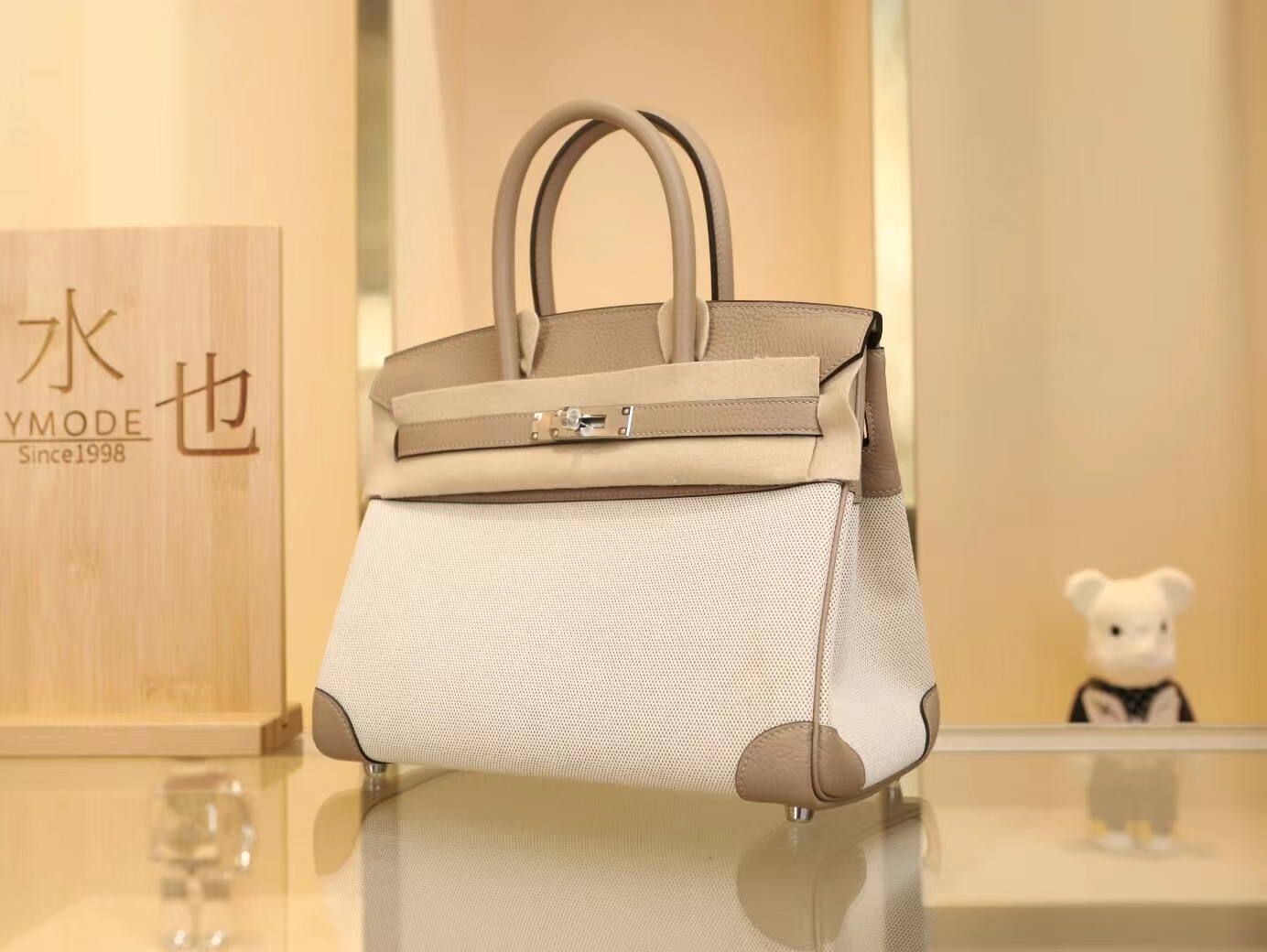 水也名品 Hermes Birkin30CM 爱马仕帆布拼斑鸠灰Togo皮铂金包 银扣