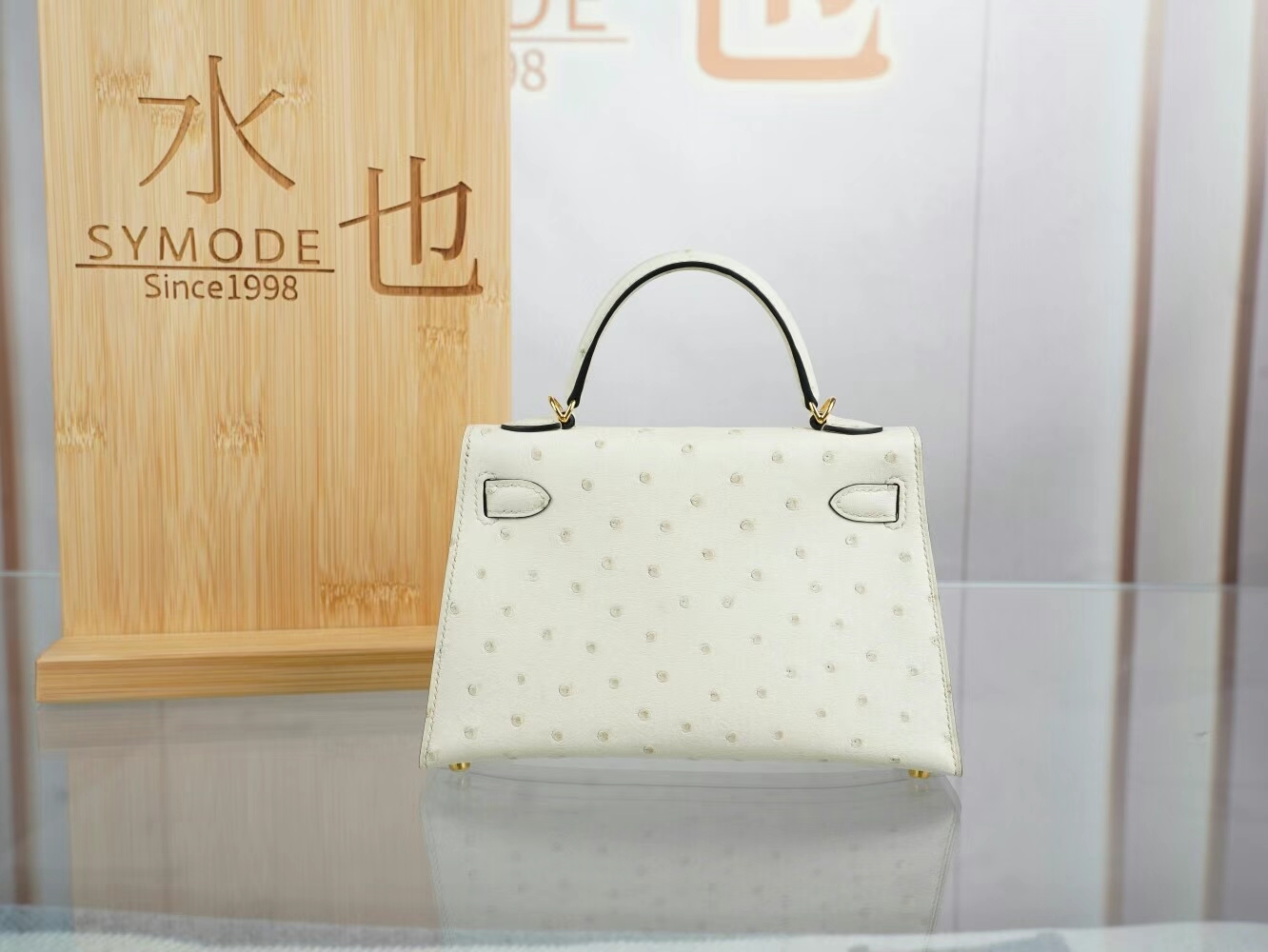 爱马仕迷你凯莉包二代 Hermes Mini Kelly19CM I2奶油白Nata鸵鸟皮 金扣