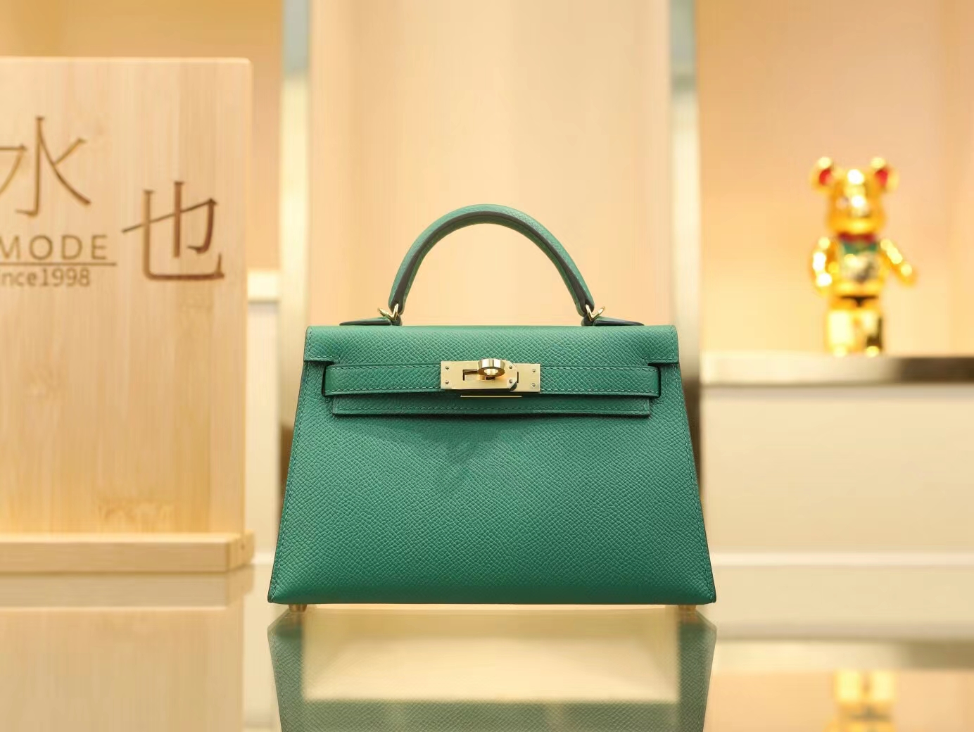 Hermes包包批发 爱马仕U4丝绒绿Epsom皮迷你凯莉包二代Mini Kelly19CM