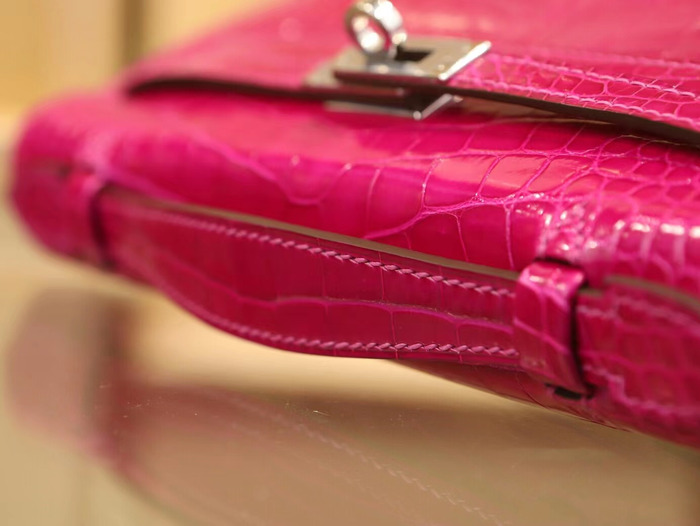 Hermes Mini Kelly Pochette22cm 爱马仕J5天方夜谭粉紫亮面方块鳄鱼迷你凯莉包一代