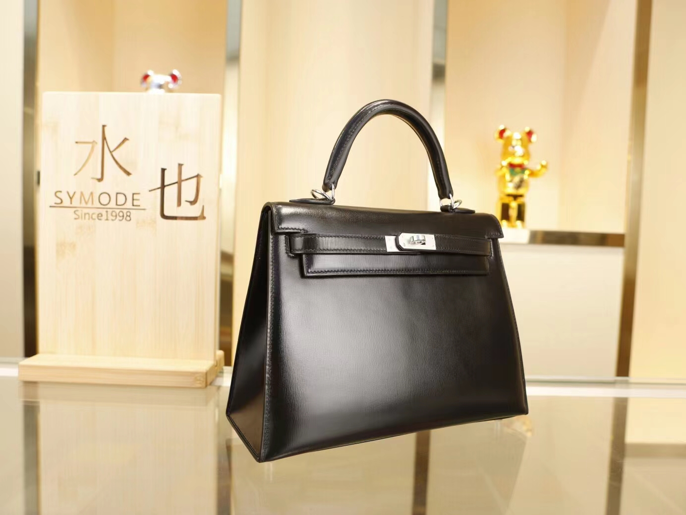 Symode Hermes爱马仕89黑色Noir Box小牛皮凯莉包Kelly女包25CM 银扣