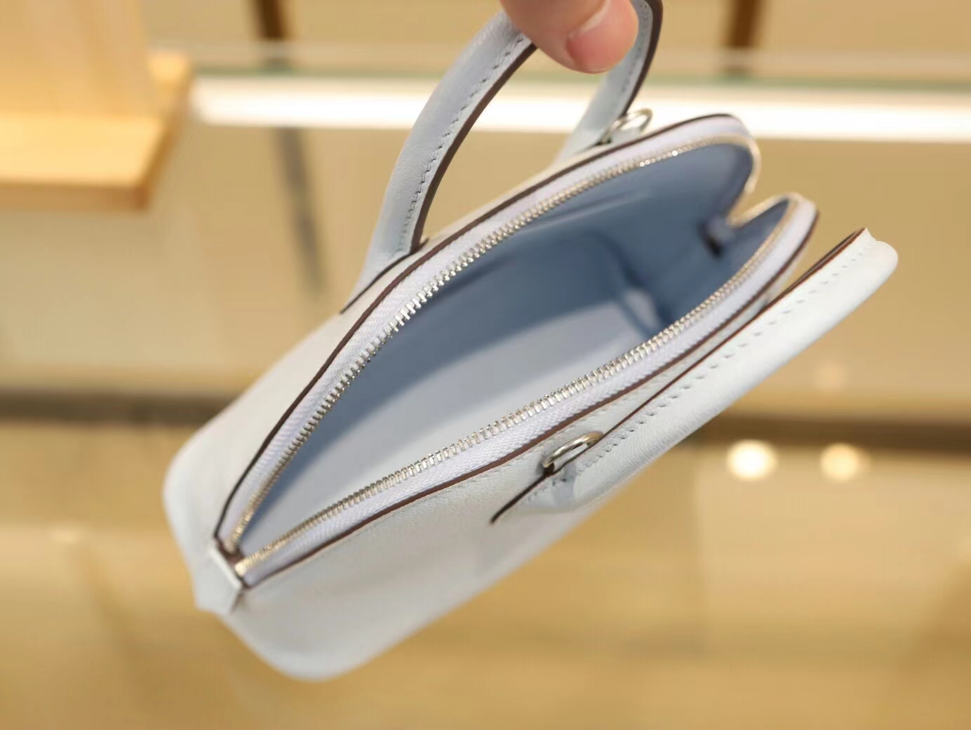 水也名品 Hermes Mini Bolide18CM T0圣杯蓝Blue Brume山羊皮迷你保龄球包