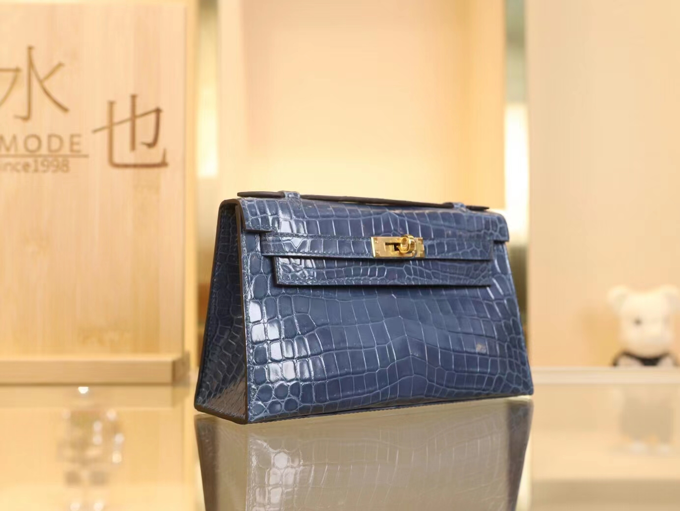 水也名品 爱马仕迷你凯莉包一代 Hermes N7风暴蓝亮面两点鳄鱼皮Mini Kelly Pochette22cm