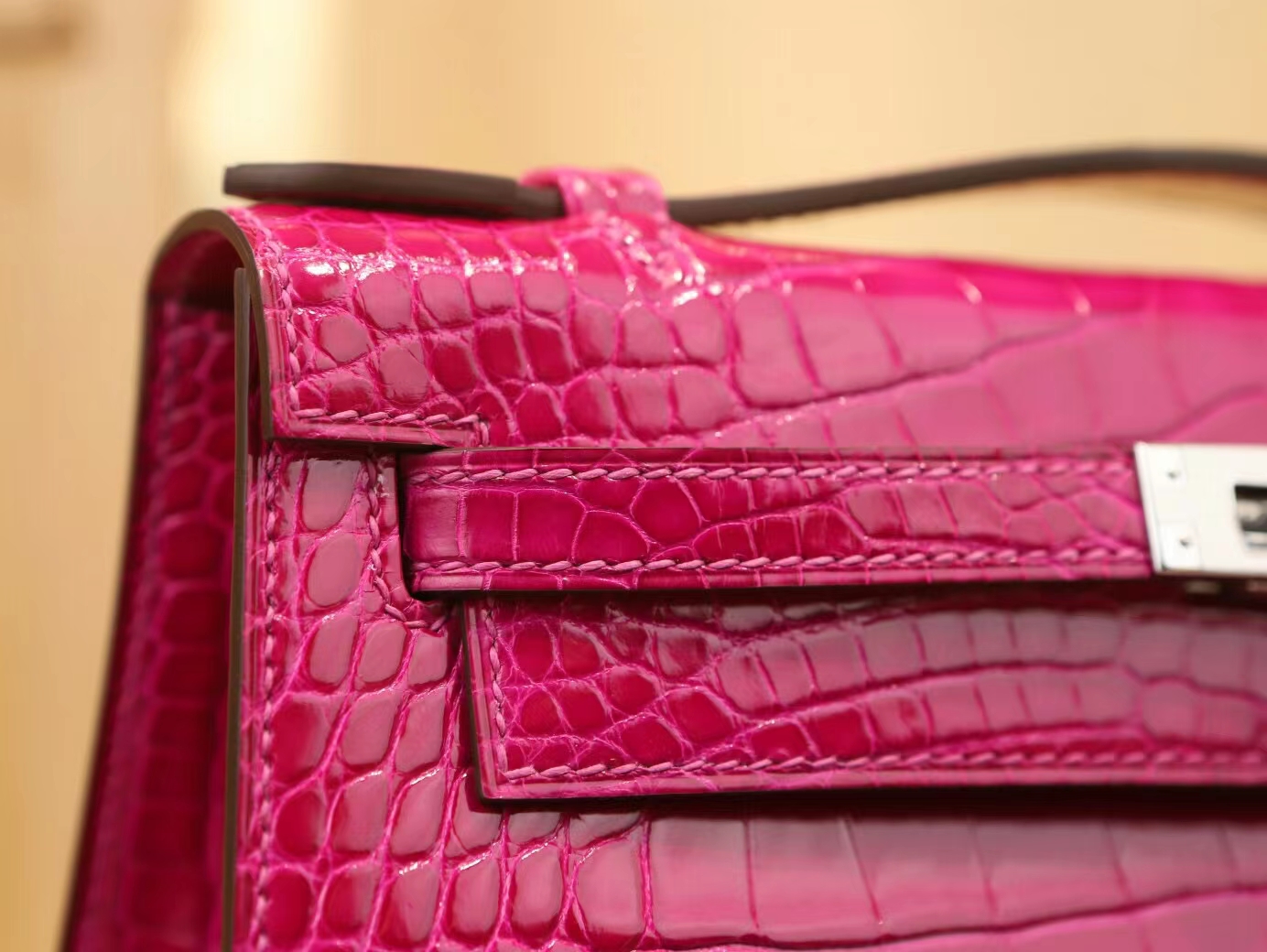 Hermes Mini Kelly Pochette22cm 爱马仕J5天方夜谭粉紫亮面方块鳄鱼迷你凯莉包一代