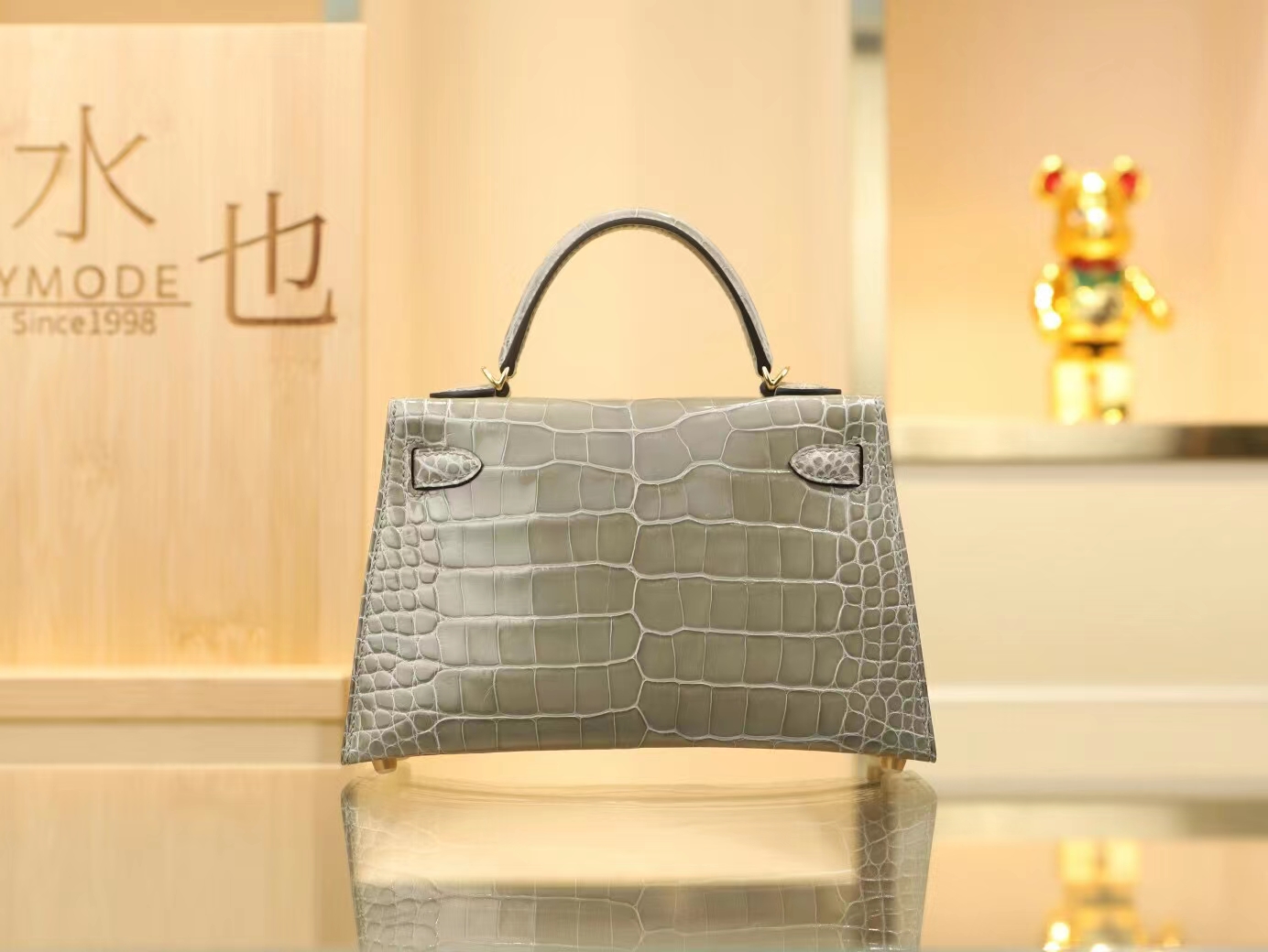 Hermes Mini Kelly19CM 爱马仕CK81斑鸠灰亮面方块鳄鱼皮迷你凯莉包二代 金扣