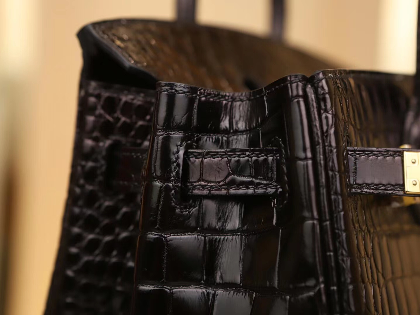 Hermes Birkin25CM 爱马仕89黑色Nior亮面倒V鳄鱼皮铂金包 金扣