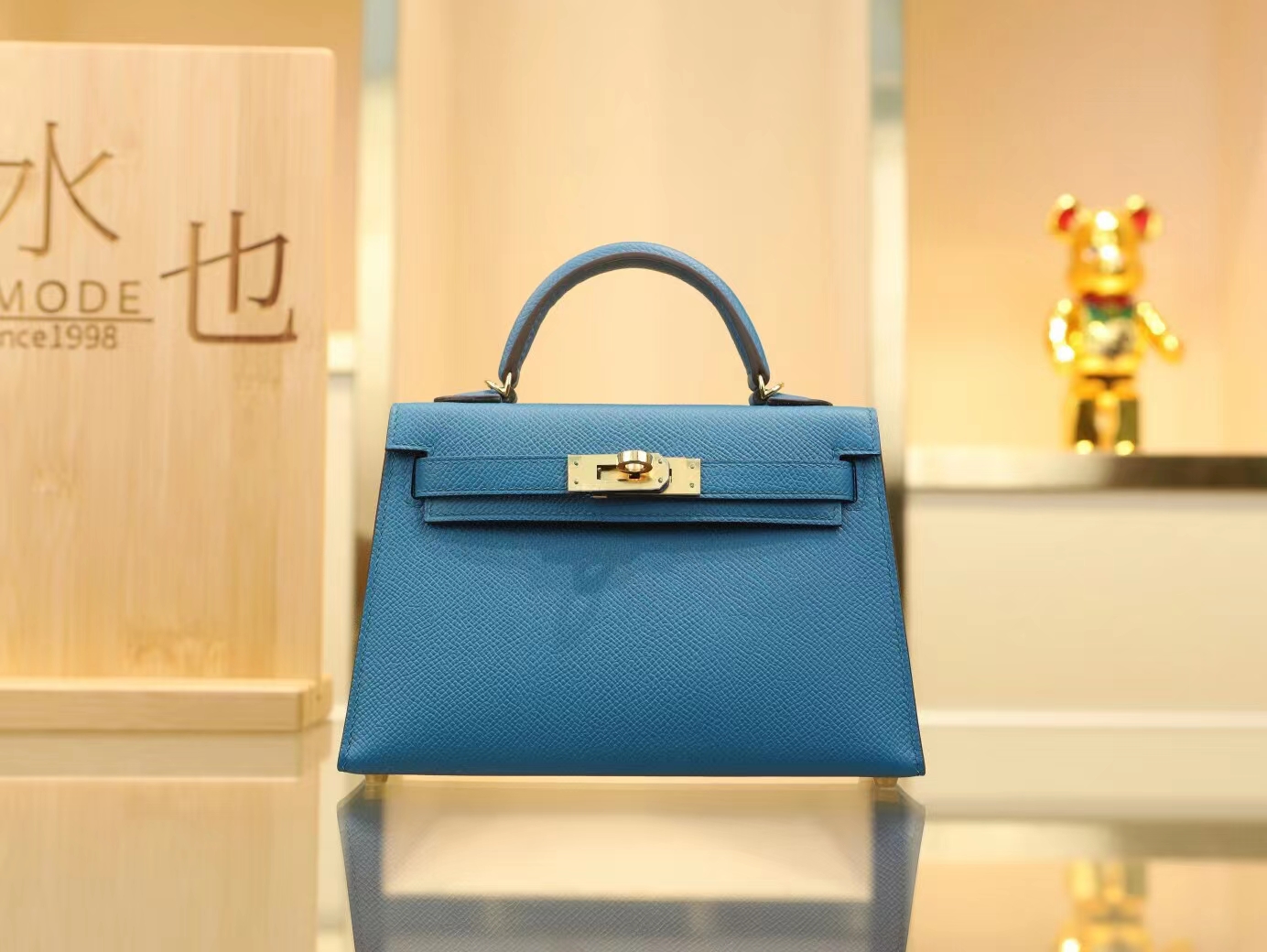 全手缝 Hermes爱马仕7W伊兹密尔蓝Blue izmir Epsom皮迷你凯莉包二代Mini Kelly19CM