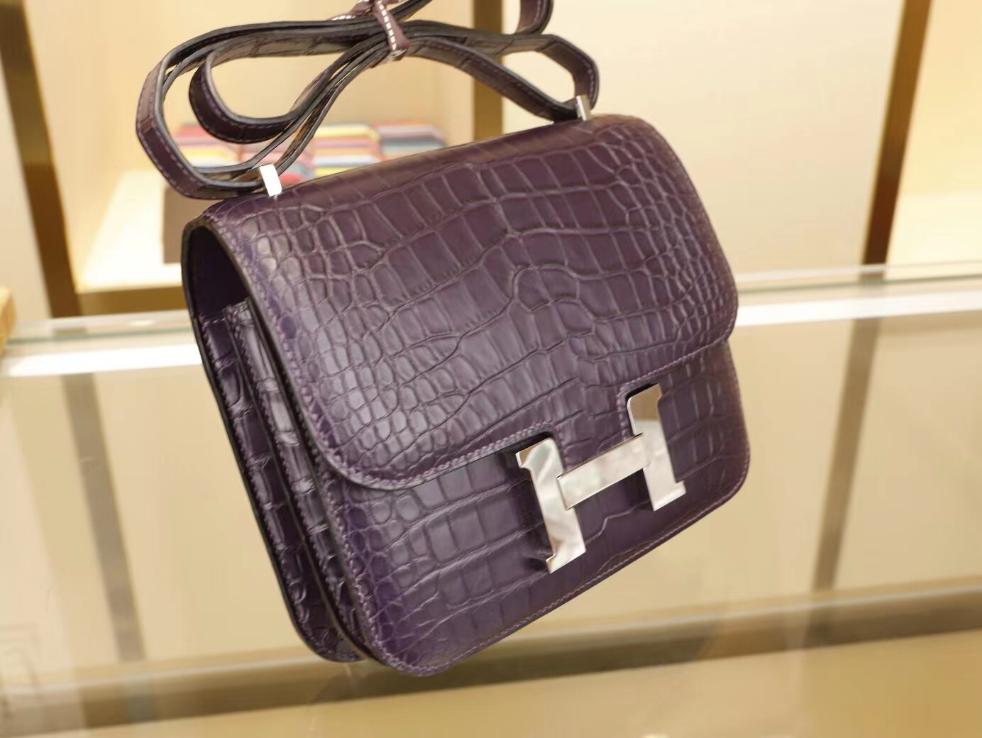 Symode Hermes Constance18CM 爱马仕9G水晶紫雾面方块鳄鱼皮康斯坦包 银扣