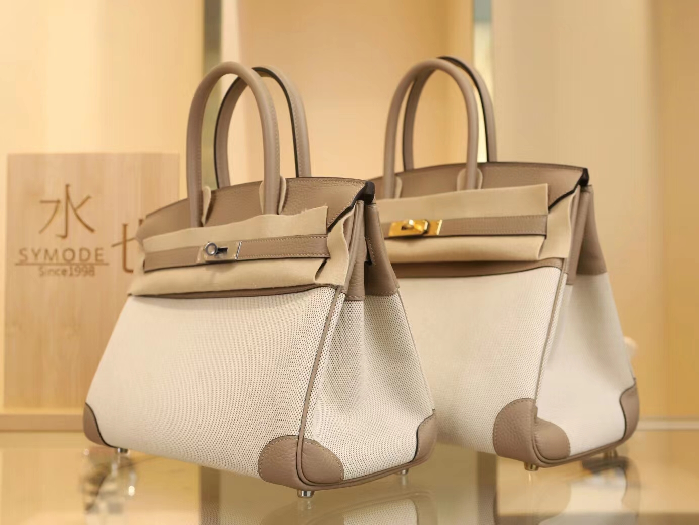 水也名品 Hermes Birkin30CM 爱马仕帆布拼斑鸠灰Togo皮铂金包 银扣