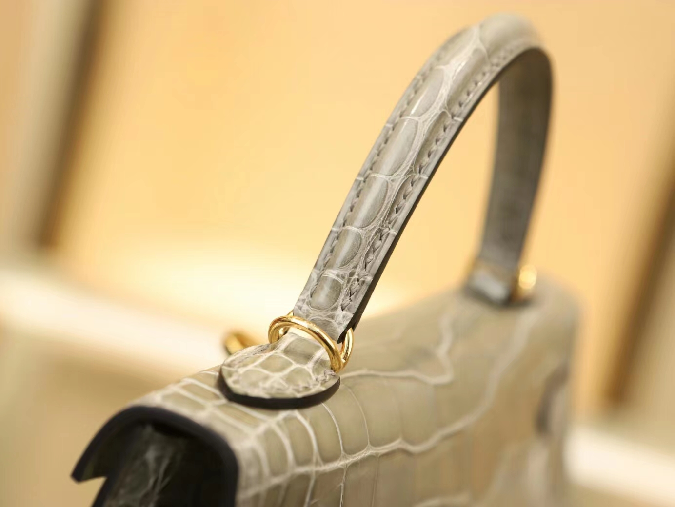 Hermes Mini Kelly19CM 爱马仕CK81斑鸠灰亮面方块鳄鱼皮迷你凯莉包二代 金扣