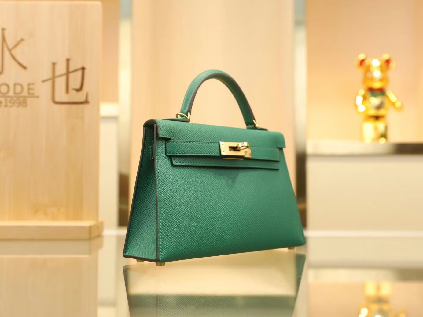 Hermes包包批发 爱马仕U4丝绒绿Epsom皮迷你凯莉包二代Mini Kelly19CM