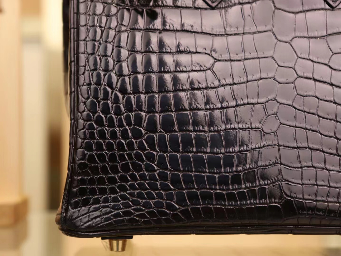 Hermes Birkin25CM 爱马仕89黑色Nior亮面倒V鳄鱼皮铂金包 金扣
