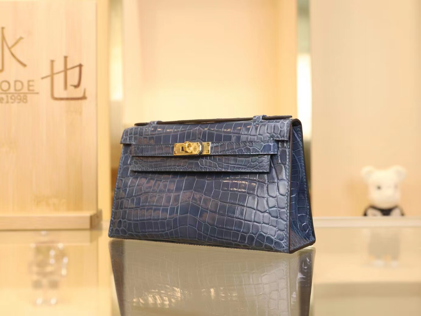 水也名品 爱马仕迷你凯莉包一代 Hermes N7风暴蓝亮面两点鳄鱼皮Mini Kelly Pochette22cm