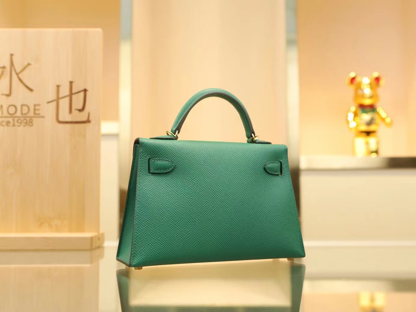 Hermes包包批发 爱马仕U4丝绒绿Epsom皮迷你凯莉包二代Mini Kelly19CM