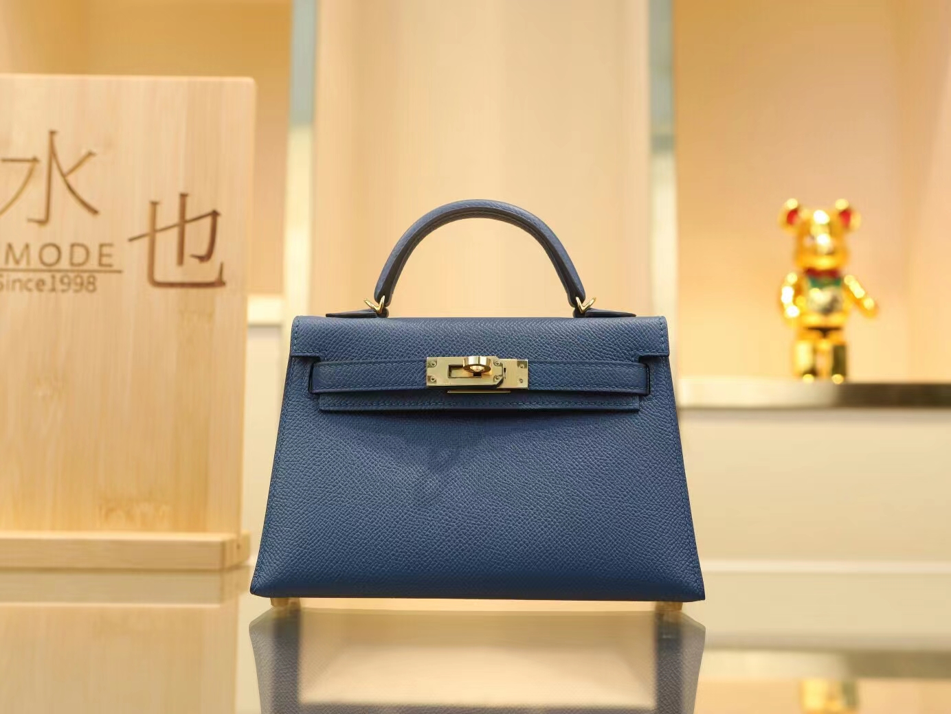 水也名品 Hermes Mini Kelly19CM 爱马仕S4深邃蓝Epsom皮迷你凯莉包二代