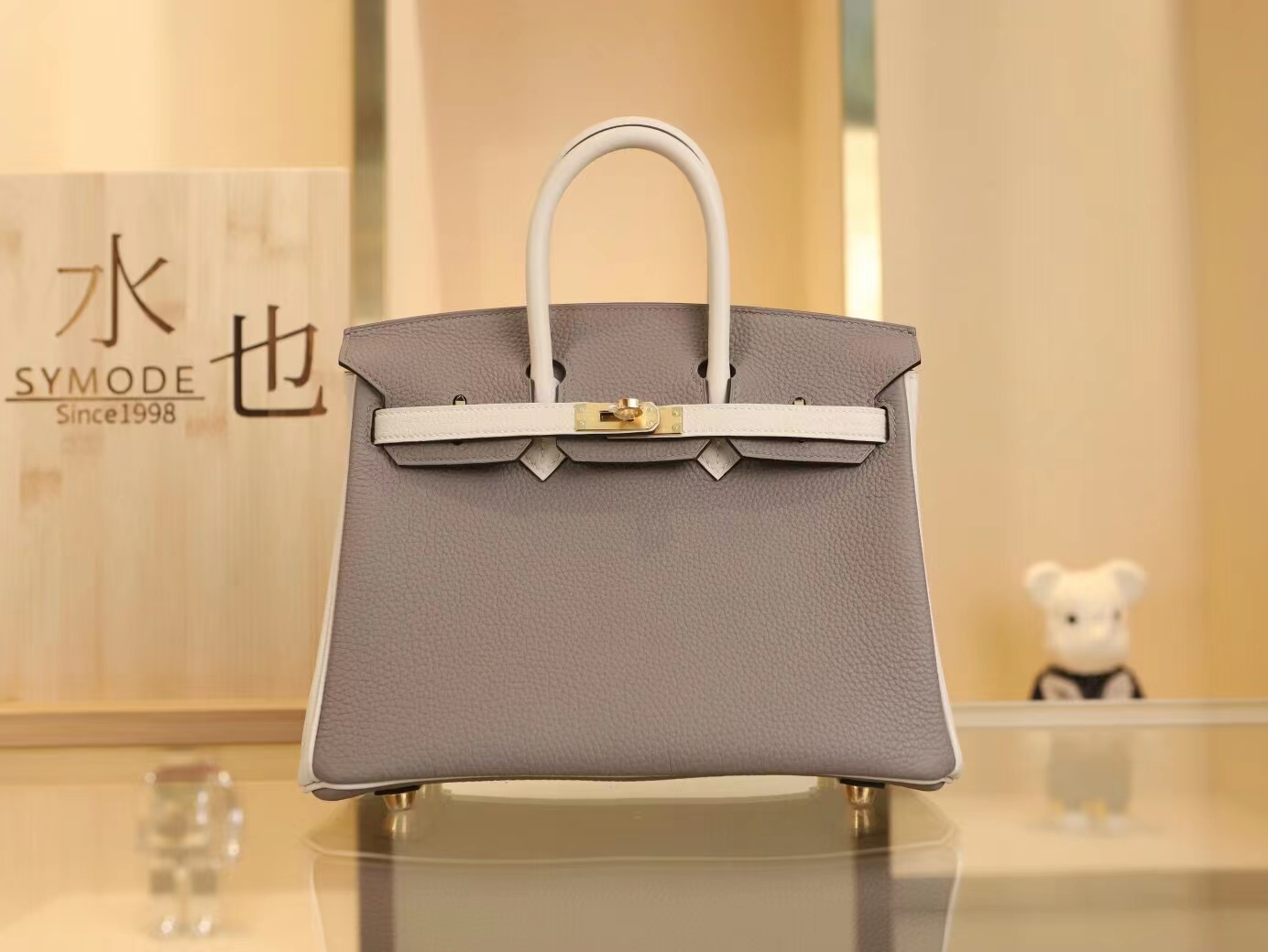 Hermes女包定制  爱马仕M8沥青灰拼奶昔白Togo皮铂金包Birkin25CM 金扣