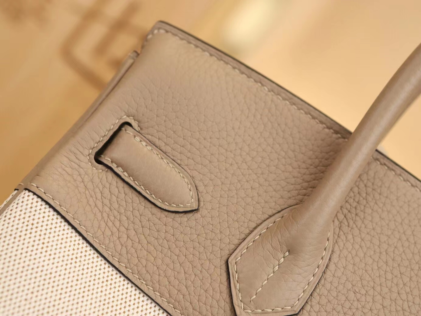 水也名品 Hermes Birkin30CM 爱马仕帆布拼斑鸠灰Togo皮铂金包 银扣