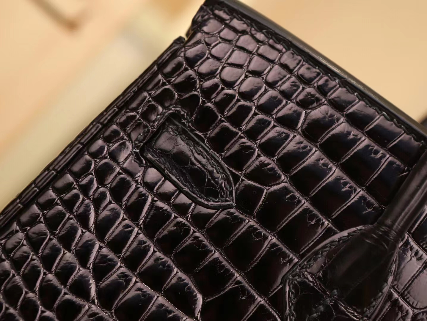 Hermes Birkin25CM 爱马仕89黑色Nior亮面倒V鳄鱼皮铂金包 金扣
